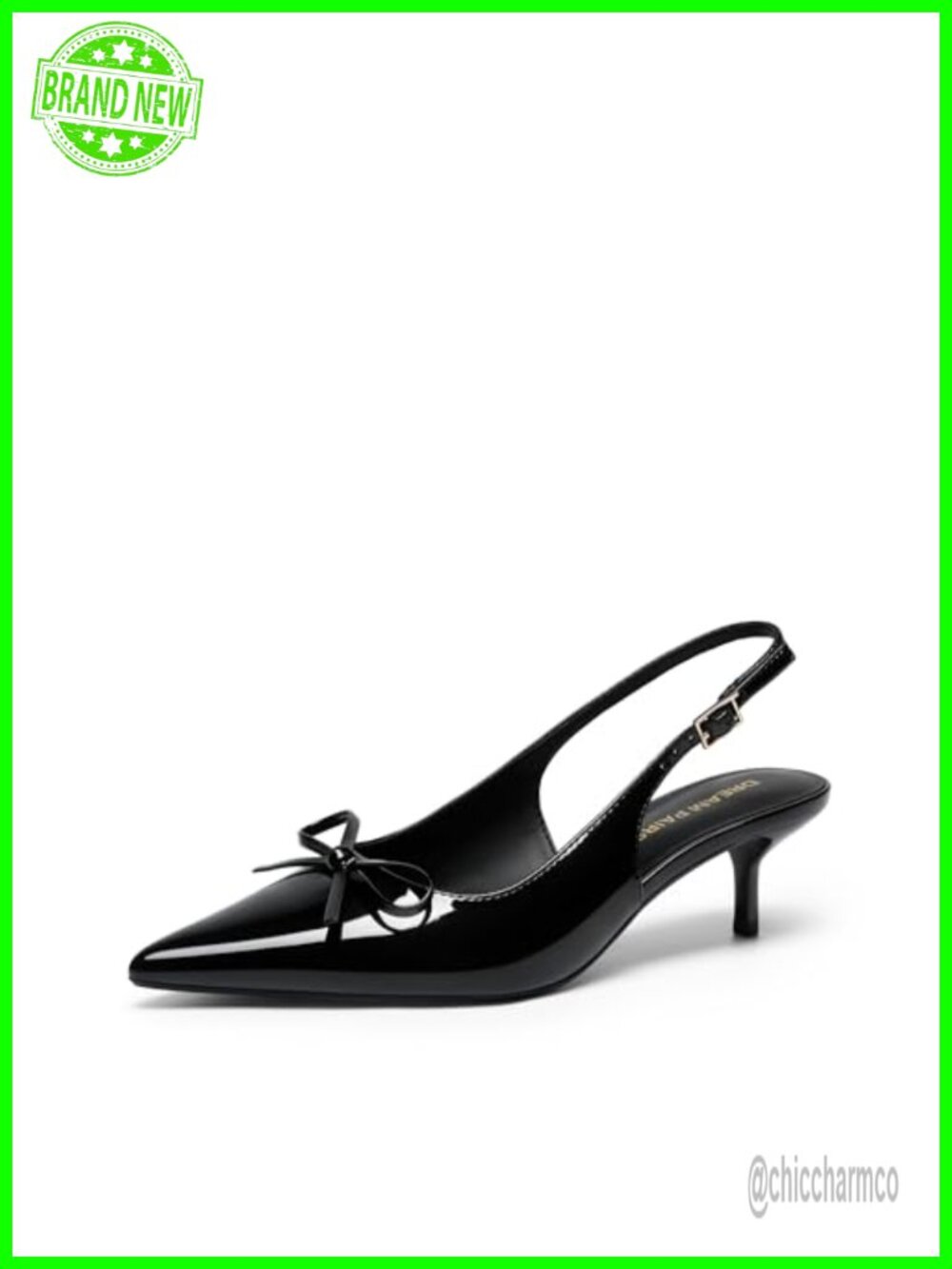 Pointed Toe Slingback Kitten Heel Pumps, Faux Leather, Adjustable Strap